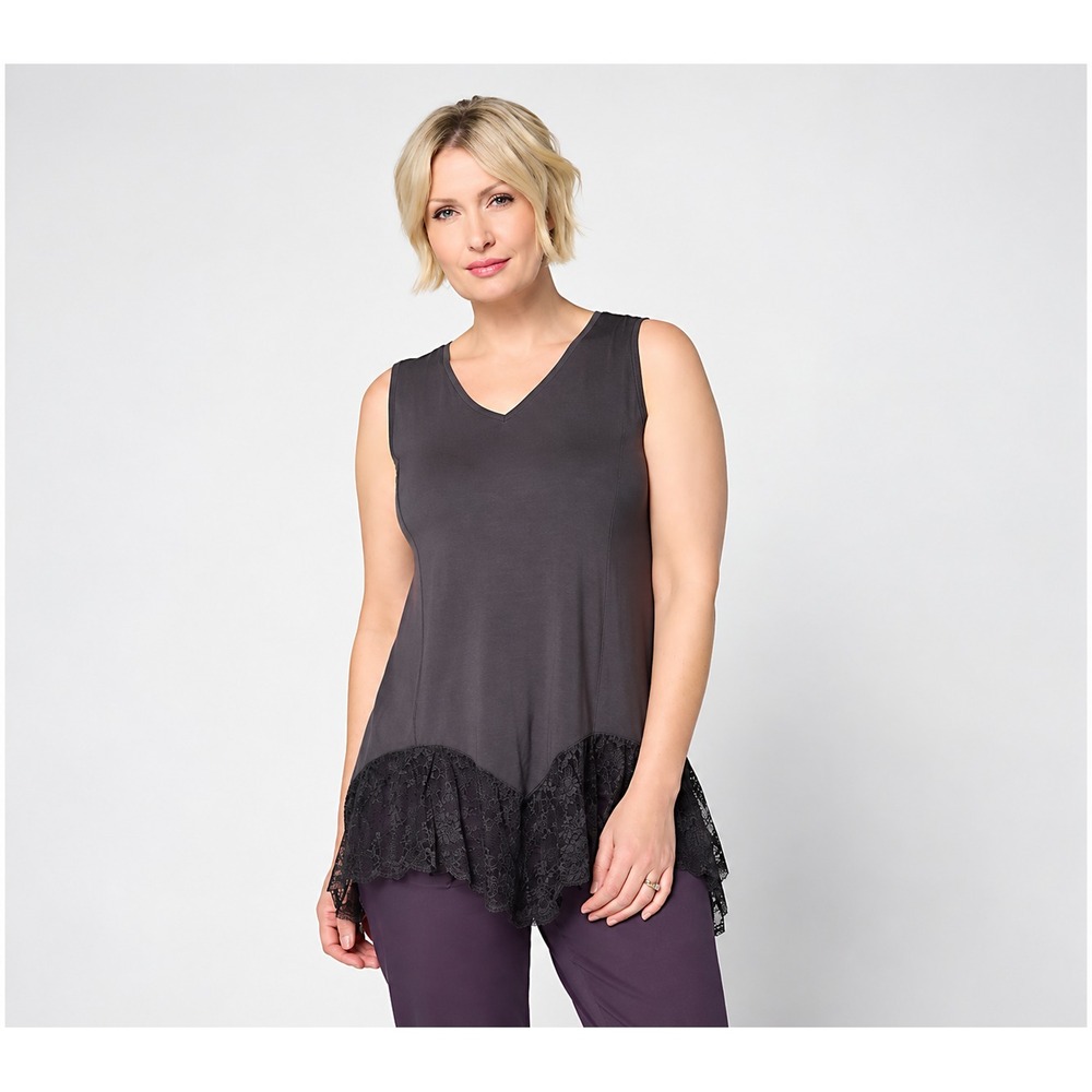 LOGO Lavish by Lori Goldstein Seamed Tank with Lace Trim Phantom, Large